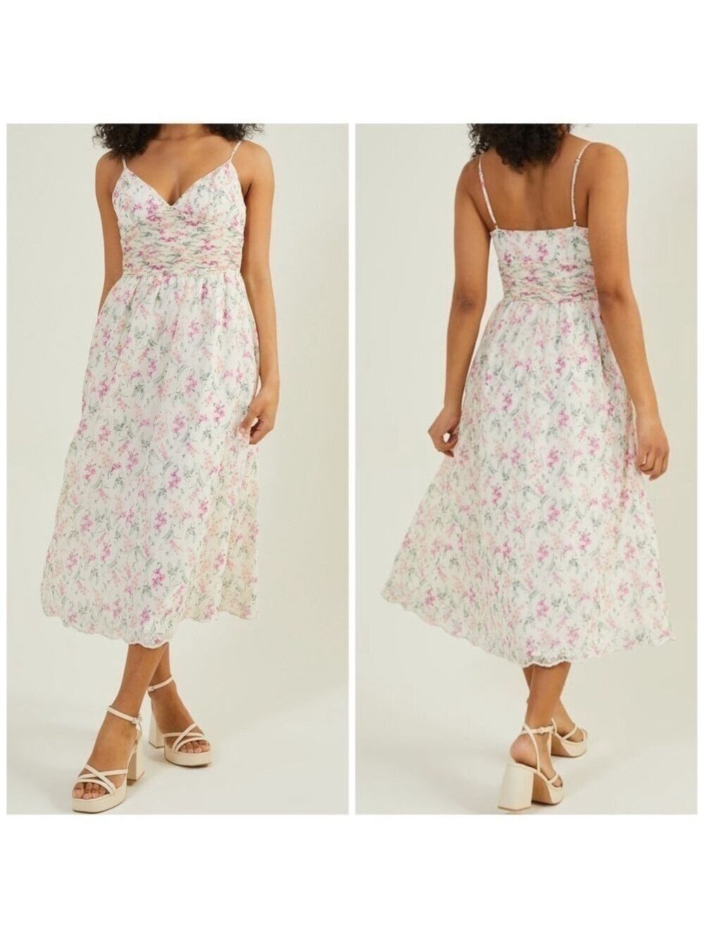 Lena Floral Ruched Pleated Waist Embroidered Trim Spaghetti Straps Midi Dress